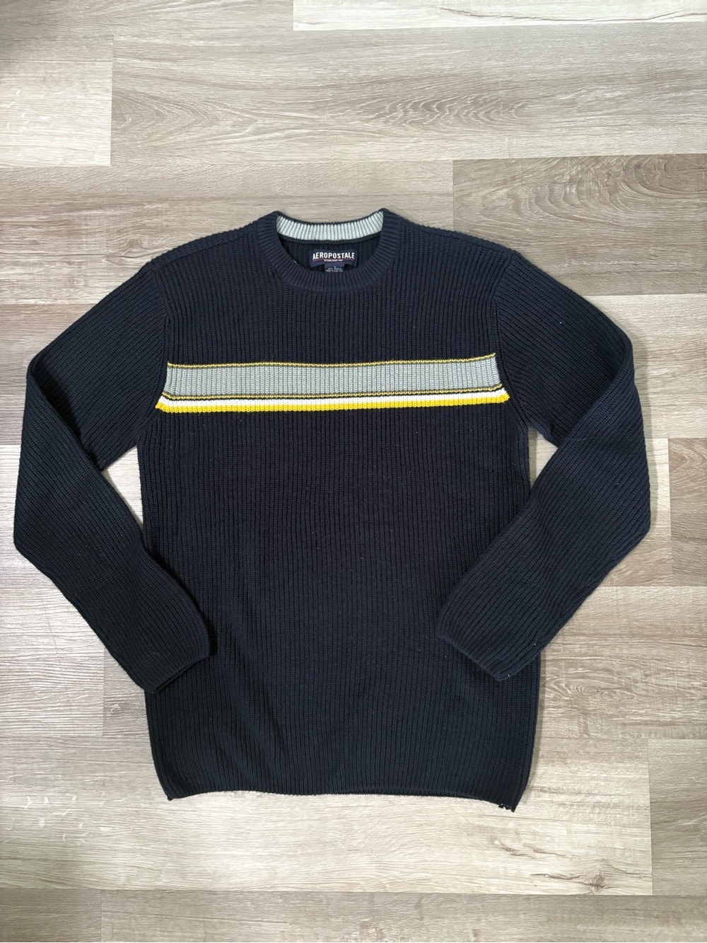 Aeropostale Men's Blue Ribbed Crewneck Sweater with Yellow & Gray Stripe